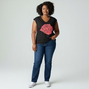 Black Sleeveless Top with Pink Rose Design